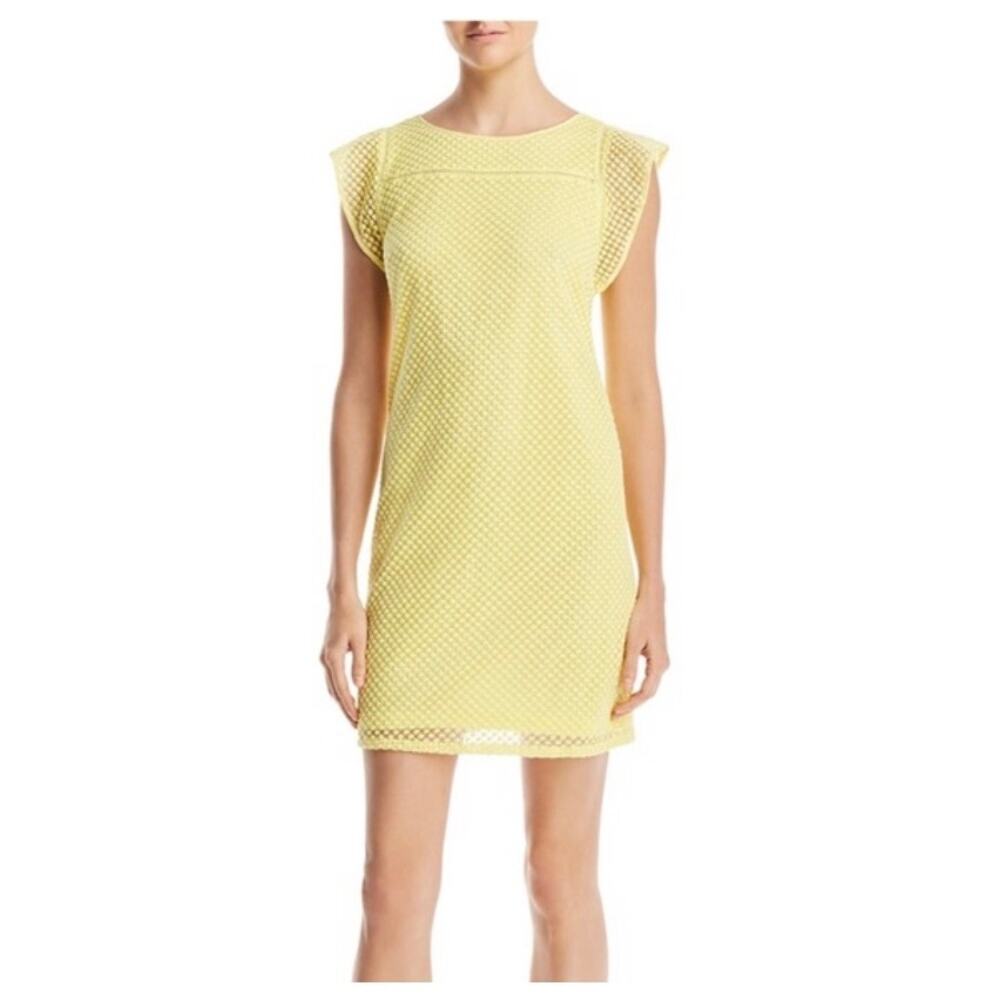 Adrianna Papell Ruffle Diamond Embroidered Lace Yellow Mini Dress‎ - Size 12